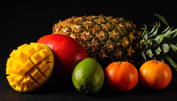 Assorted Tropical Fruits with Pineapple Mango Mandarin and Lime on Black Surface photo
