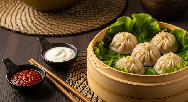 Steamed dumplings with dipping sauces photo