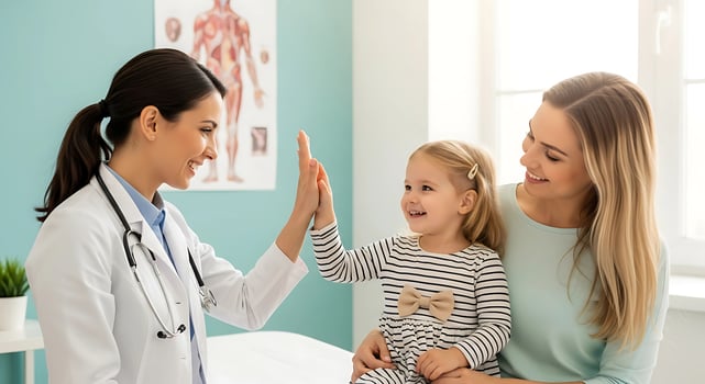 doctor pediatrician conducts examination of child girl and giving high five to her . photo