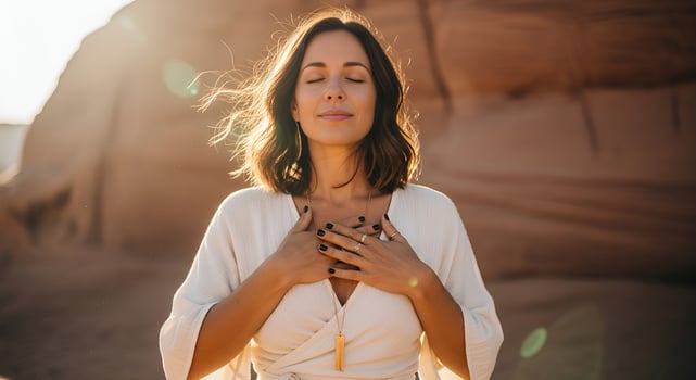 calm and breathing woman outdoor in nature, meditation and zen energy photo