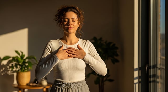 woman breathing and doing meditation at home photo