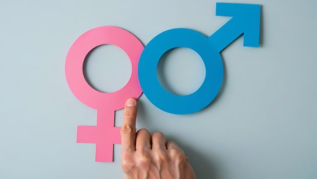 Male and Female Symbols Representing Gender Equality and Relationship Concepts with a Hand Gesture Touching The Female Icon photo