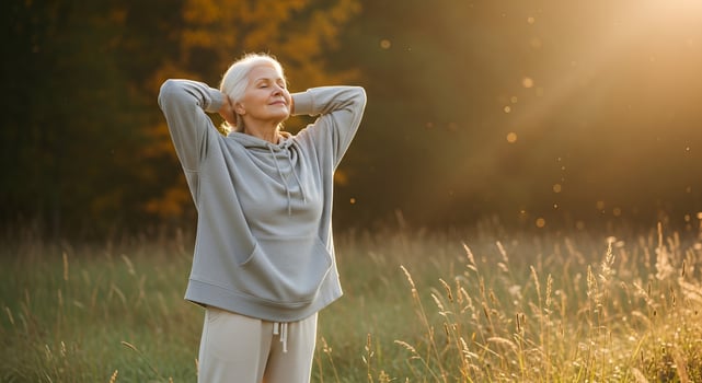 woman relax and breathing fresh air outdoor at sunrise photo