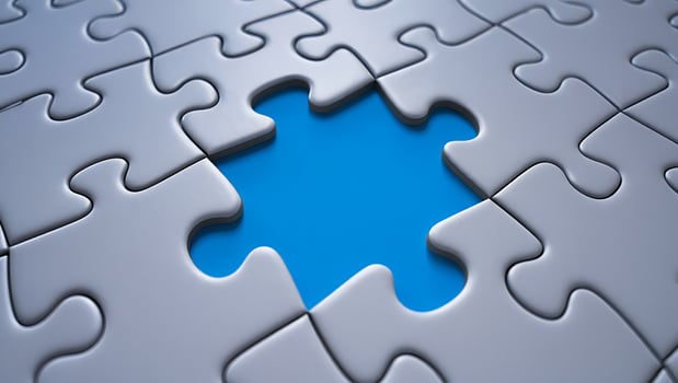 Missing Piece in Puzzle Represents Problem Solving Strategy with Blue Background and Interlocking Pieces for Conceptual Business Approach photo