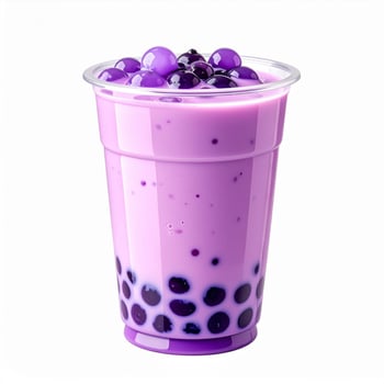 Purple Boba Tea in Transparent Cup with Tapioca Pearls on White Background photo