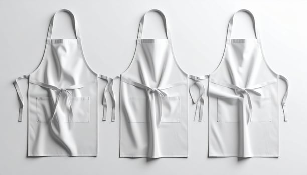 Three White Cotton Aprons with Ties and Pocket on White Background in Studio photo