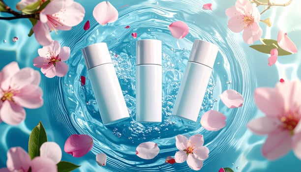 Three White Cosmetic Bottles Surrounded by Light Pink Cherry Blossoms in Water photo