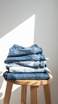 Stack of Blue Jeans on Wooden Stool with Sunlight and White Background photo