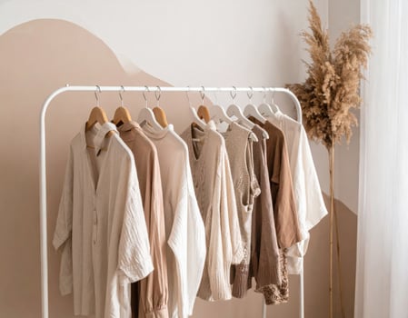 Indoor Clothing Rack with Beige Linen Apparel and Pampas Grass Decoration photo