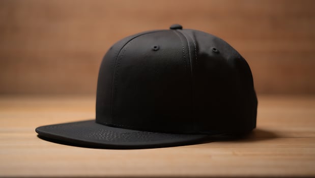 Stylish black baseball cap for urban fashion and sun protection on wooden surface background closeup view studio shot photo