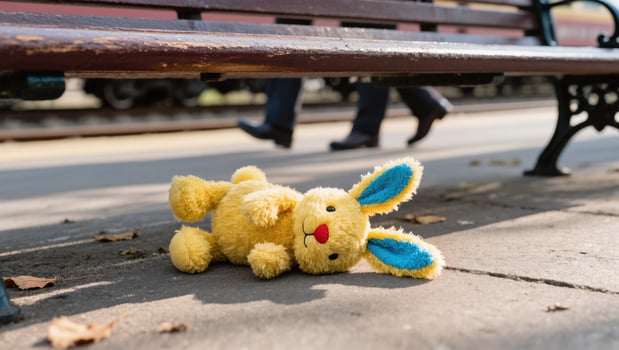 A forlorn plush toy rabbit lies abandoned on a cold, concrete pathway. suggesting a tale of loss and forgotten joy, against the backdrop of distant footsteps. photo