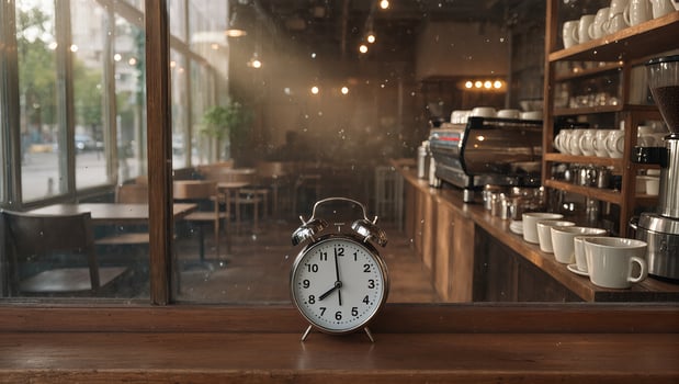 A classic alarm clock sits gracefully on a wooden windowsill, offering a charming interior cafe scene that whispers of calm mornings and the anticipation of a perfect cup of coffee. photo