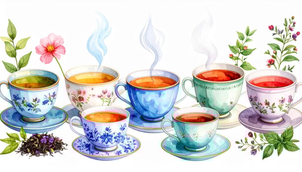 Various Steaming Tea Cups With Floral Design on a White Background Watercolor Style photo