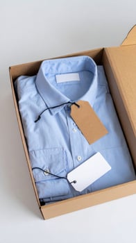 Folded Light Blue Shirt with Tags in Cardboard Box for Delivery photo