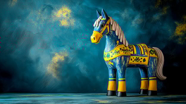 Swedish modern souvenir Dala or Dalecarlian horses, Yellow and blue color wood material with pattern ornaments on blue-painted Background imagination concept photo