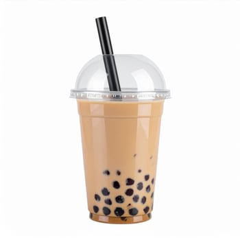 Boba Milk Tea with Black Straw in Clear Plastic Cup Isolated on White photo