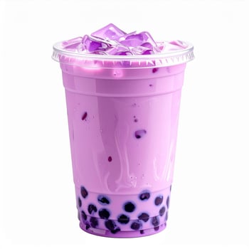 Purple Taro Boba Milk Tea with Ice Cubes in Clear Plastic Cup Isolated photo