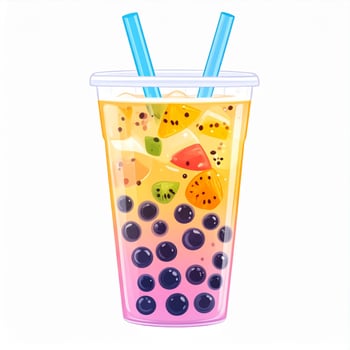 Colorful Bubble Tea with Straws Featuring Sliced Fruits on White Background photo