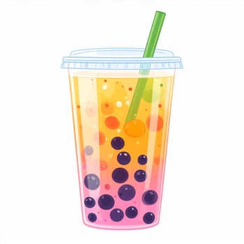 Boba Tea Illustration with Tapioca Pearls and a Green Straw on White photo