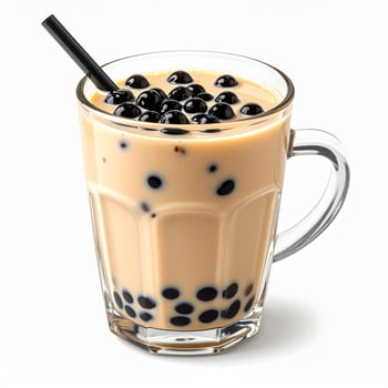 Refreshing Boba Tea with Tapioca Pearls in Clear Glass on White Background photo