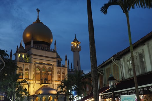 singapore 19 may 2025. sultan mosque mosque shines under evening sky in urban setting photo