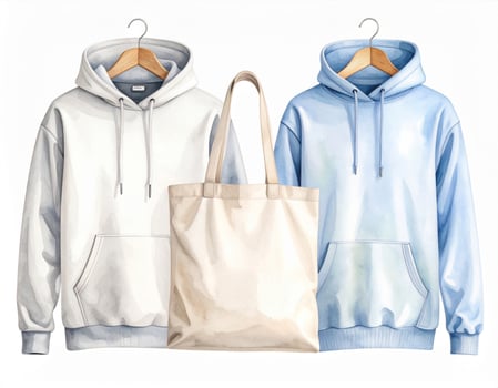 White and Blue Hoodies with Natural Cotton Tote Bag on Hangers Mockup photo