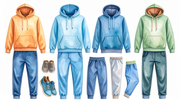 Casual Hoodie and Jeans Apparel Set in Orange Blue and Green Colors in White Background photo
