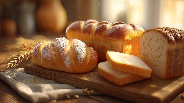 Warm golden bread loaves and slices, rustic kitchen setting, food photography photo