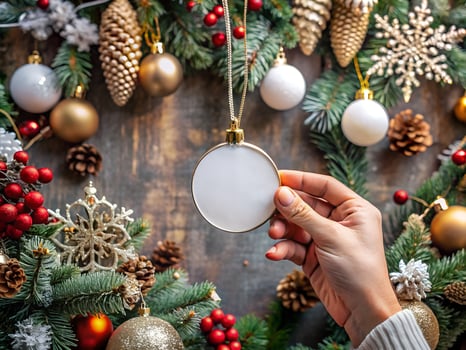 Person Holding Blank Round Christmas Ornament Surrounded by Festive Decorations photo