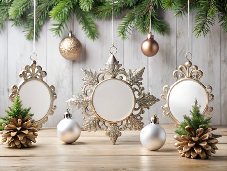 Silver and Gold Christmas Ornaments with Blank Frames on Wooden Background photo