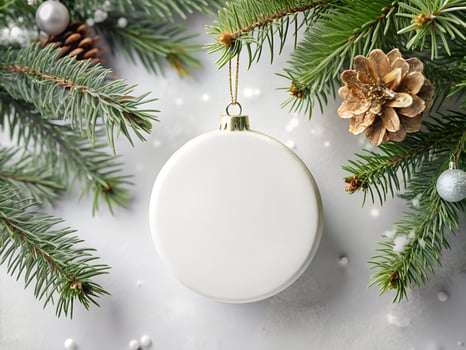 White Christmas Ornament Mockup with Pine Branches photo