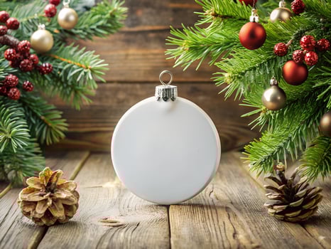 White Christmas Ornament on Rustic Wooden Table with Pine Branches and Cones photo