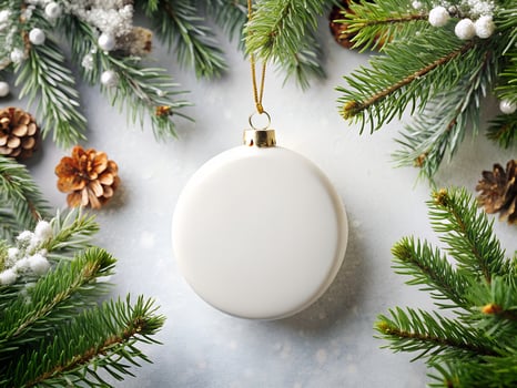 White Round Christmas Ornament with Pine Branches and Snow photo
