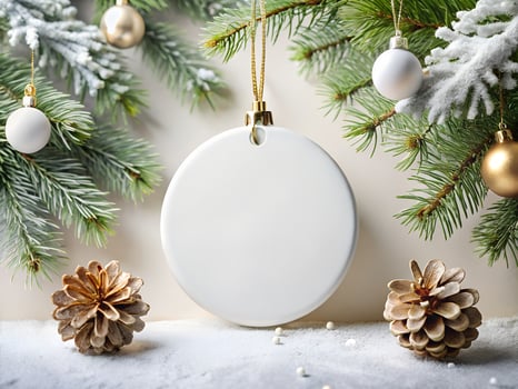 White Round Christmas Ornament Mockup with Pine Cones and Snow photo