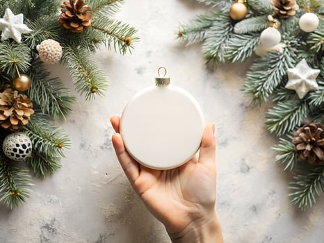 Woman's Hand Holding a Blank White Christmas Ornament with Festive Decorations photo