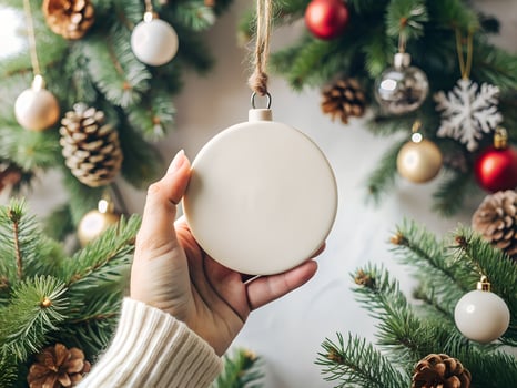 Woman's Hand Holding a Blank White Christmas Ornament Against a Festive Background photo