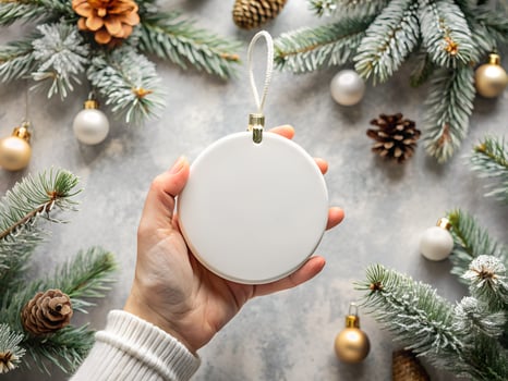 Woman's Hand Holding a Blank White Round Christmas Ornament on a Grey Background with Festive Decorations photo