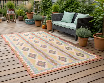 Beige Orange and Teal Geometric Pattern Outdoor Rug on Wooden Deck photo