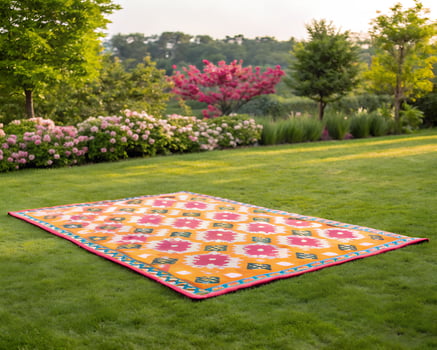 Vibrant Geometric Rug on Lush Green Lawn photo