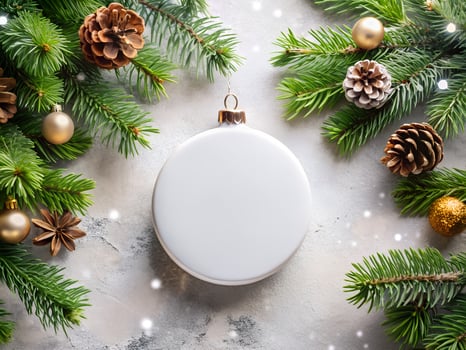 White Christmas Ornament Mockup with Pine Branches and Gold Accents photo