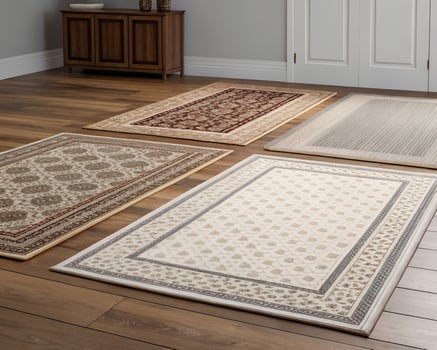 Four Area Rugs on Hardwood Floor Beige, Cream, Brown and Red Floral and Geometric Patterns photo