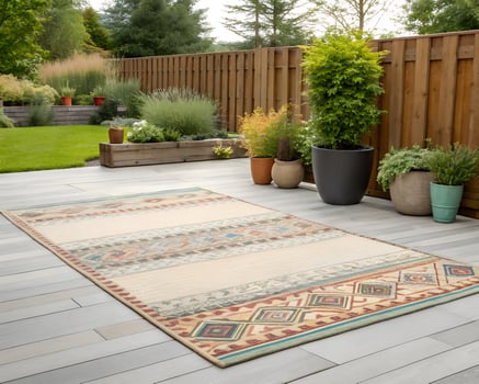 Beige and Turquoise Patterned Outdoor Rug on Patio photo