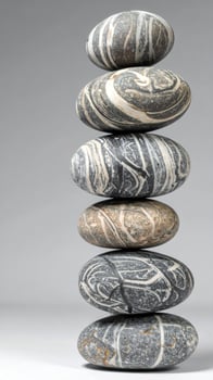 Balanced Stack of Decorative Striped Stones on a Soft Gray Seamless Background photo