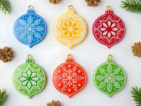 Colorful Christmas Cookies Shaped as Ornaments with Snowflake and Star Patterns on White Background photo