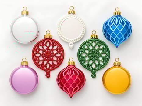 Colorful Glass and Lace Christmas Ornaments on White Background photo