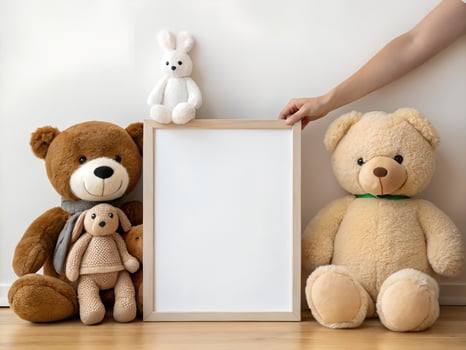 Adorable Brown and Beige Teddy Bears with Bunny and Blank Sign Mockup photo