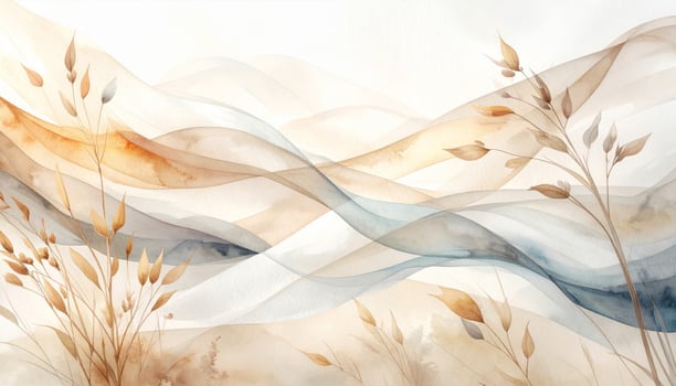 Abstract Watercolor Painting with Neutral Colored Waves and Wild Grass in Foreground photo