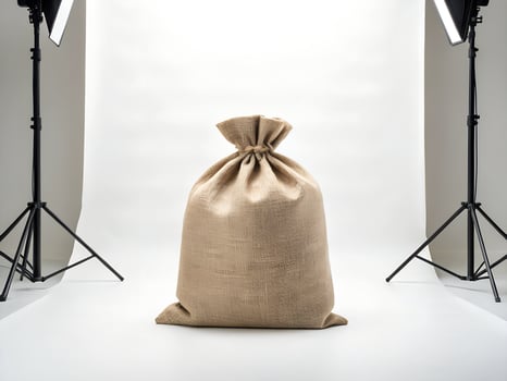Beige Burlap Sack on White Studio Background with Lighting Equipment photo