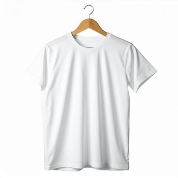 Plain White T Shirt on Wooden Hanger Against White Background Studio Shot photo