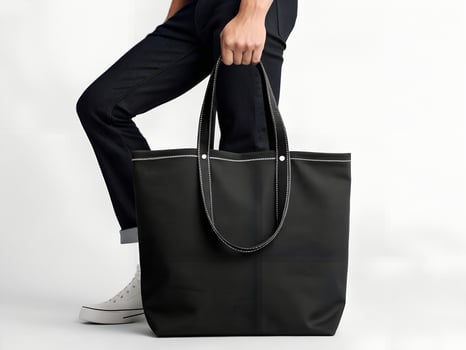 Man Holding a Large Black Canvas Tote Bag Against White Background photo